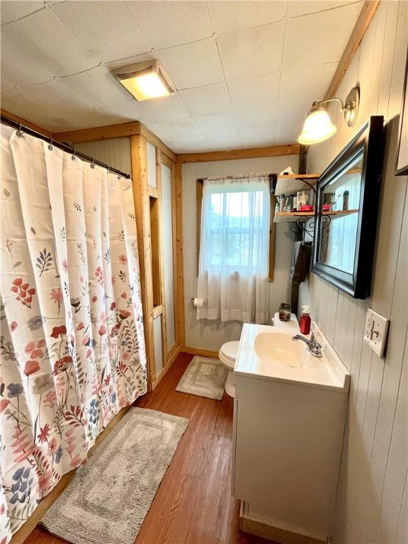 2513 Old Rte 18, New Beaver Boro, PA 16157 - full bath with vanity, wood finished floors, toilet, wooden walls, and curtained shower