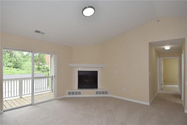 1201 Lenox Oval, Ross Twp, PA 15237 - unfurnished living room with light carpet, baseboards, lofted ceiling, and a fireplace with raised hearth
