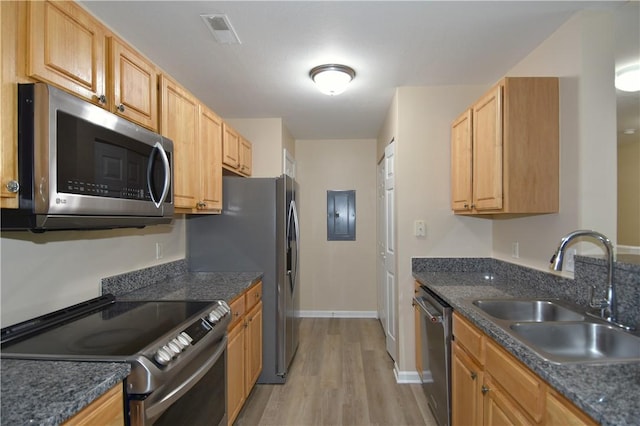 1201 Lenox Oval, Ross Twp, PA 15237 - kitchen featuring appliances with stainless steel finishes, a sink, light wood-type flooring, baseboards, and electric panel