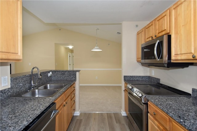1201 Lenox Oval, Ross Twp, PA 15237 - kitchen with appliances with stainless steel finishes, light wood-type flooring, a sink, decorative light fixtures, and lofted ceiling