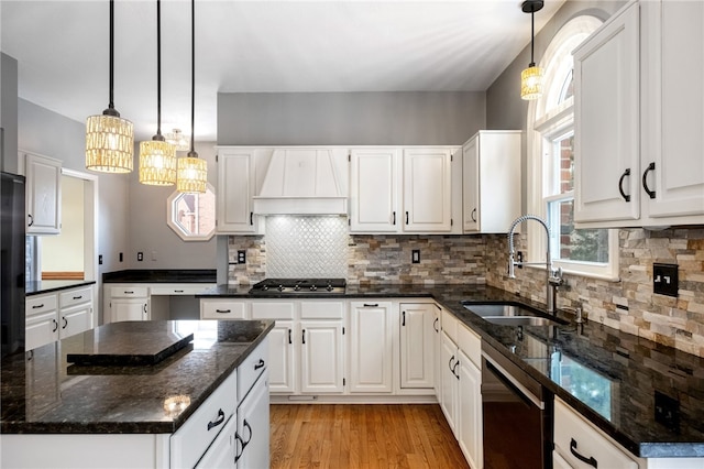 229 Guckert Ln, Marshall, PA 15090 - kitchen with dishwasher, custom range hood, a chandelier, a sink, and white cabinets