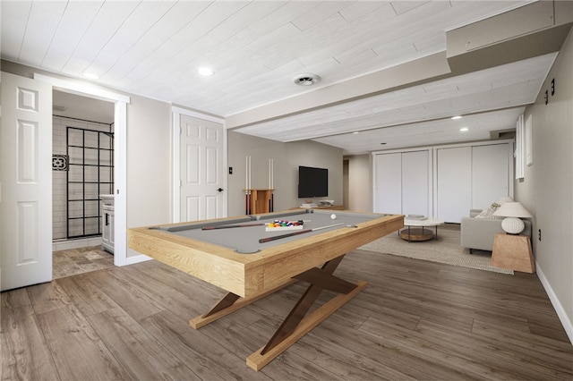 229 Guckert Ln, Marshall, PA 15090 - playroom featuring wood finished floors, billiards, baseboards, wood ceiling, and recessed lighting