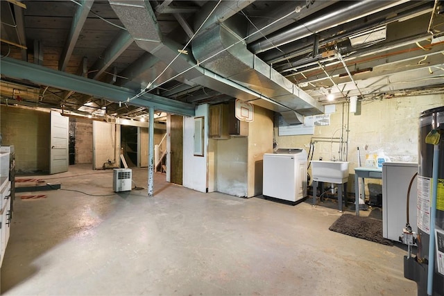 1521 Claim St, Troy Hill, PA 15212 - unfinished below grade area featuring washer / dryer, gas water heater, a sink, and electric panel