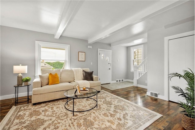 548 Conrad Ave, Charleroi Boro, PA 15022 - living room with beam ceiling, plenty of natural light, stairway, and baseboards