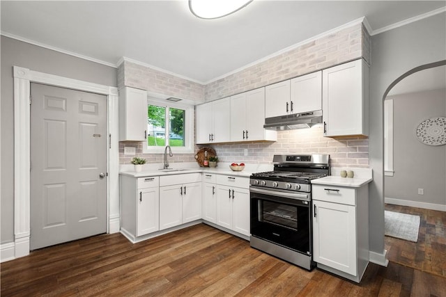 548 Conrad Ave, Charleroi Boro, PA 15022 - kitchen featuring stainless steel gas range oven, under cabinet range hood, a sink, light countertops, and crown molding