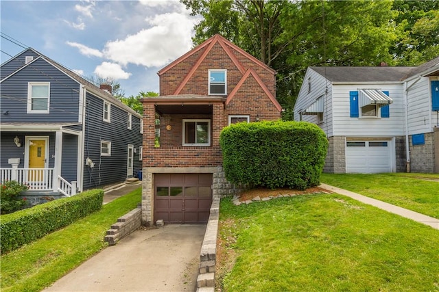 1415 Oakglen St, Crafton Heights, PA 15204 - view of front facade featuring a garage, driveway, brick siding, and a front lawn