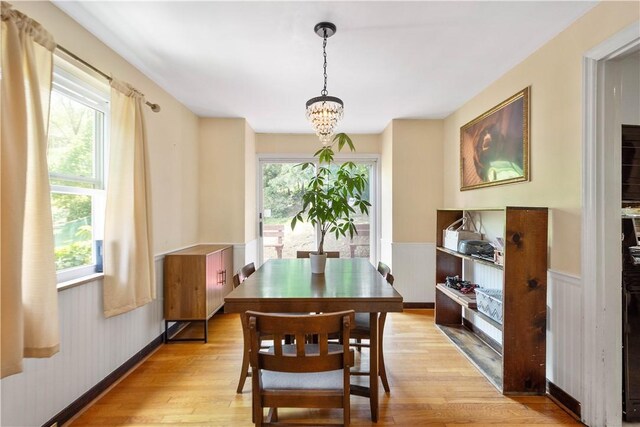 1415 Oakglen St, Crafton Heights, PA 15204 - dining area featuring wainscoting, light wood finished floors, and a chandelier