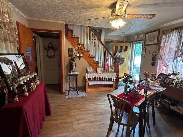 42 Walnut Ave, Dunbar, PA 15431 - dining space featuring crown molding, wood finished floors, ceiling fan, and stairway