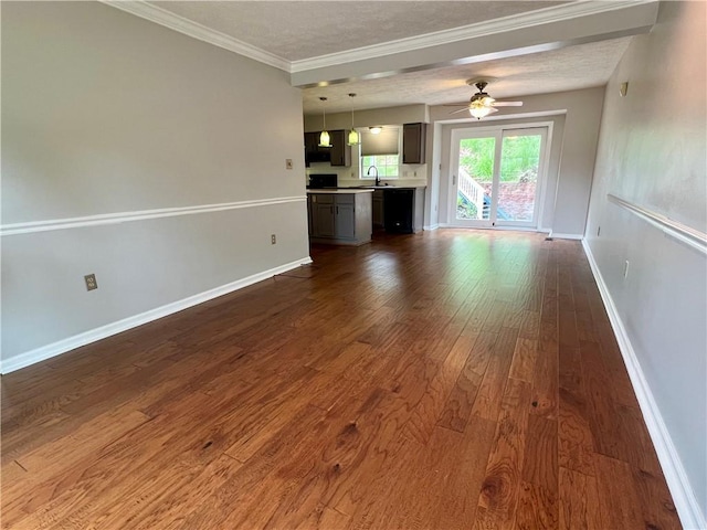 758 Venango Ave, Shaler, PA 15209 - unfurnished living room with a sink, ornamental molding, baseboards, dark wood-style flooring, and ceiling fan