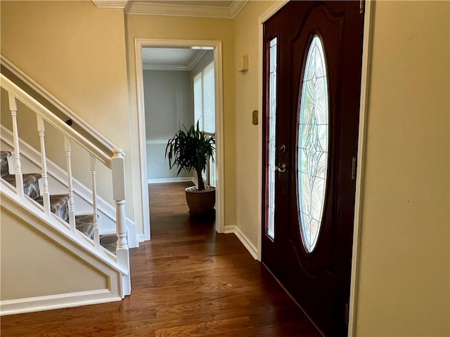 758 Venango Ave, Shaler, PA 15209 - foyer entrance with dark wood-type flooring, stairs, crown molding, and baseboards