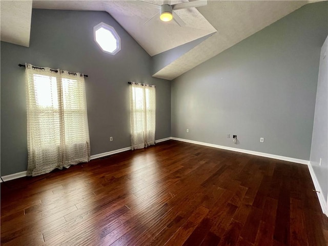758 Venango Ave, Shaler, PA 15209 - empty room featuring a ceiling fan, high vaulted ceiling, wood finished floors, and baseboards