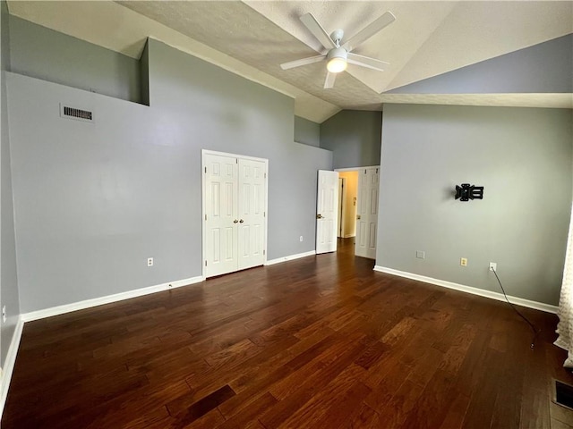 758 Venango Ave, Shaler, PA 15209 - unfurnished bedroom with high vaulted ceiling, dark wood-style floors, baseboards, and a ceiling fan
