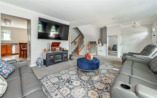 411 Fairgate, Pine Twp, PA 15090 - living area featuring light carpet, stairway, and crown molding
