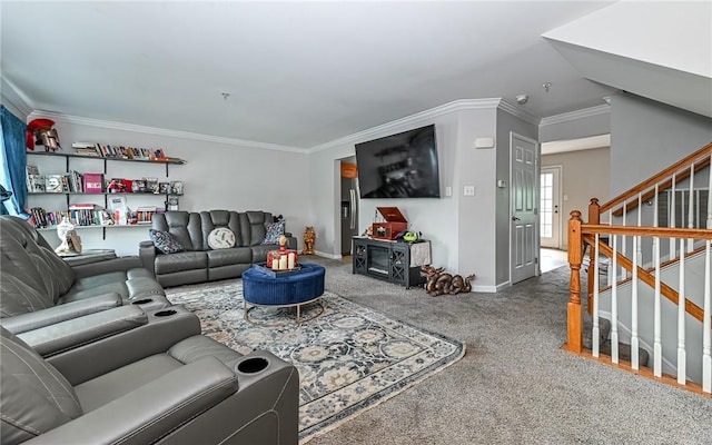 411 Fairgate, Pine Twp, PA 15090 - living room with carpet, stairway, and crown molding