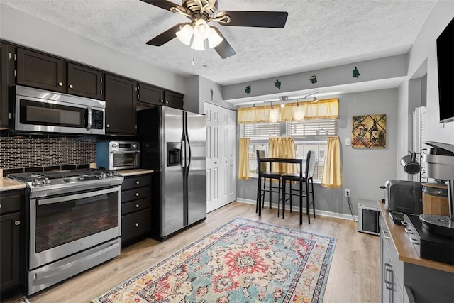 14 Cinque Terra Pl, Finleyville, PA 15332 - kitchen with appliances with stainless steel finishes, a textured ceiling, ceiling fan, tasteful backsplash, and light wood finished floors