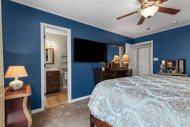 14 Cinque Terra Pl, Finleyville, PA 15332 - bedroom with carpet floors, baseboards, ceiling fan, crown molding, and ensuite bathroom