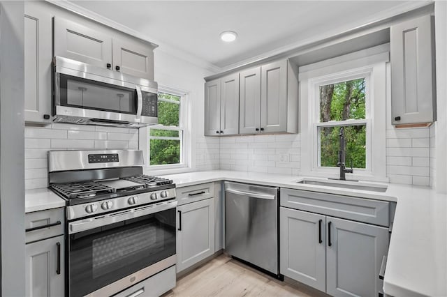 36 W Bellecrest, Brentwood, PA 15227 - kitchen featuring stainless steel appliances, gray cabinetry, a sink, healthy amount of natural light, and ornamental molding