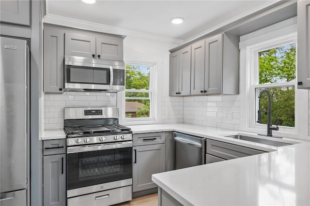 36 W Bellecrest, Brentwood, PA 15227 - kitchen featuring stainless steel appliances, gray cabinets, a sink, light countertops, and plenty of natural light