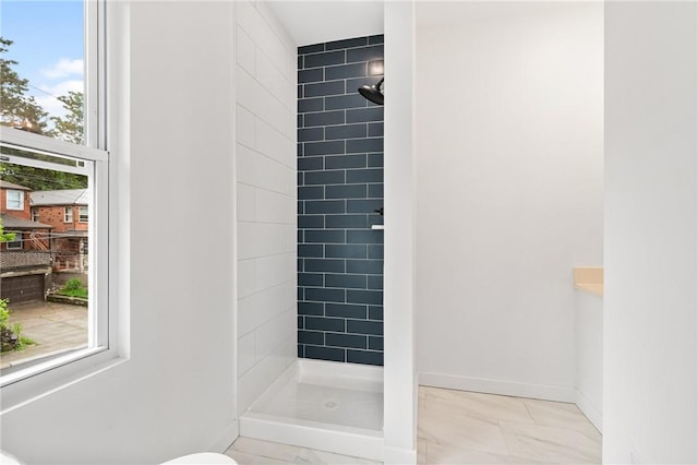 36 W Bellecrest, Brentwood, PA 15227 - bathroom with a stall shower, marble look tiles, and baseboards