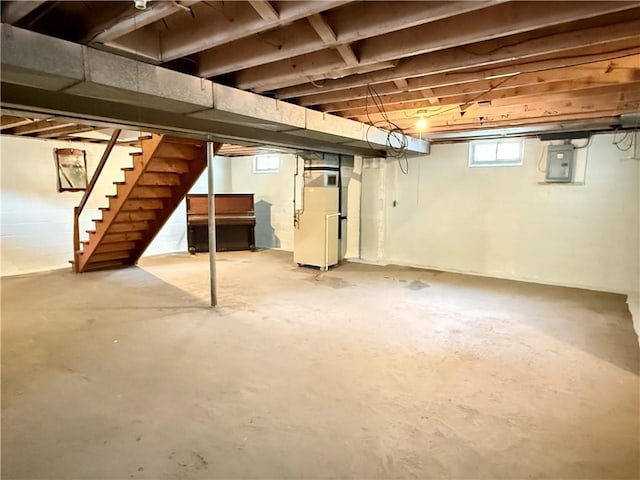 413 Days Run Rd, East Deer, PA 15030 - basement featuring heating unit, stairs, and electric panel