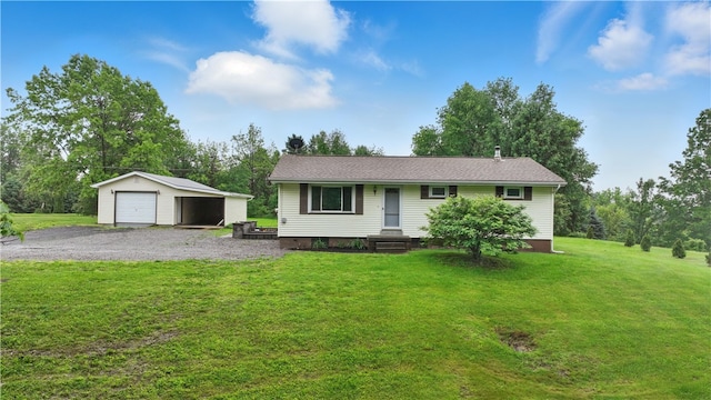 124 Plum St, Franklin Twp, PA 16117 - ranch-style home with an outdoor structure, a front lawn, a garage, and view of scattered trees