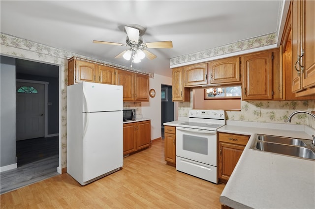 124 Plum St, Franklin Twp, PA 16117 - kitchen featuring white appliances, a sink, wallpapered walls, light wood finished floors, and a ceiling fan