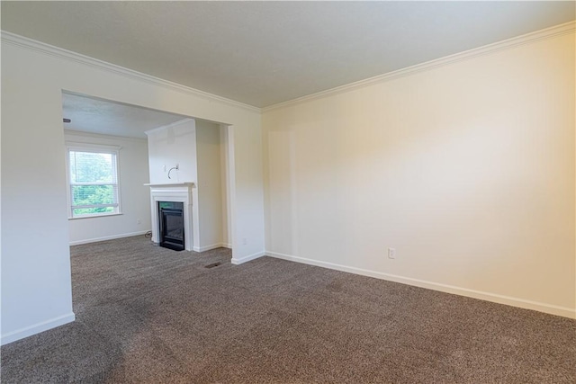 220 Chinkapin Dr, Natrona Hts/Harrison Twp, PA 15065 - unfurnished living room featuring dark carpet, crown molding, baseboards, and a glass covered fireplace