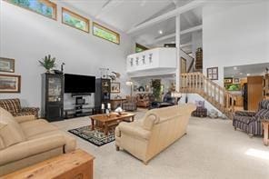 208 Kozy Cor, Middlesex Twp, PA 16059 - building lobby featuring high vaulted ceiling, stairway, and beamed ceiling