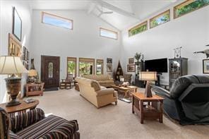 208 Kozy Cor, Middlesex Twp, PA 16059 - living room featuring high vaulted ceiling, beamed ceiling, and carpet