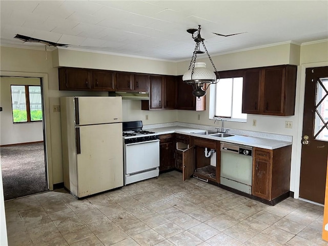 505 Monongahela Ave, Glassport, PA 15045 - kitchen with white appliances, a sink, under cabinet range hood, light countertops, and ornamental molding
