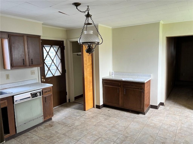 505 Monongahela Ave, Glassport, PA 15045 - kitchen featuring dishwasher, light countertops, crown molding, dark brown cabinets, and baseboards