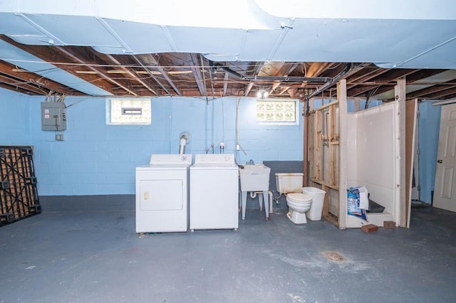 117 Derby Way, Aliquippa, PA 15001 - below grade area featuring washing machine and dryer, electric panel, and a sink