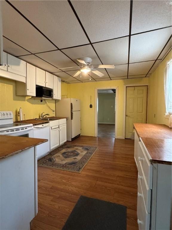 29 Old Mine Rd, Center Twp/Homer Cty, PA 15748 - kitchen with white appliances, butcher block counters, a drop ceiling, ceiling fan, and dark wood finished floors