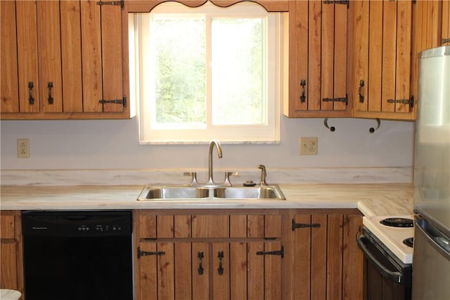 1502 Orchard Dr, Unity Twp, PA 15601 - kitchen featuring black dishwasher, white electric range oven, a sink, light countertops, and brown cabinetry