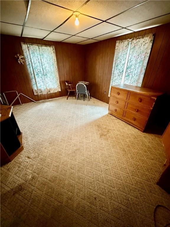 411 E Ave, Luzerne Twp, PA 15413 - living area with carpet floors, wooden walls, and a drop ceiling
