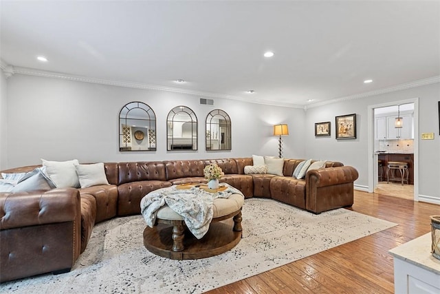 152 Devonwood Dr, Upper St Clair, PA 15241 - living room featuring recessed lighting, crown molding, wood finished floors, and baseboards