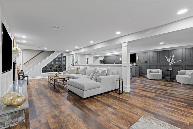 152 Devonwood Dr, Upper St Clair, PA 15241 - living room with dark wood finished floors, decorative columns, stairway, recessed lighting, and baseboards