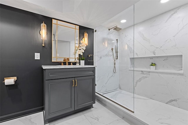 152 Devonwood Dr, Upper St Clair, PA 15241 - full bath featuring marble finish floors, vanity, a marble finish shower, and recessed lighting