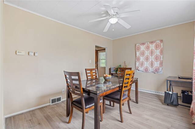 545 Ohio Ave, Midland Boro, PA 15059 - dining space featuring light wood finished floors, crown molding, a ceiling fan, and baseboards