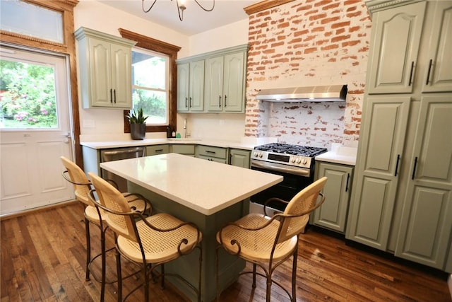 715 Chislett, East Liberty, PA 15206 - kitchen with stainless steel appliances, range hood, dark wood finished floors, and green cabinets
