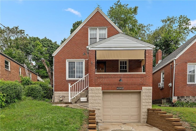 2320 Wolford St, Brookline, PA 15226 - bungalow-style home with an attached garage, brick siding, driveway, stairs, and a front lawn