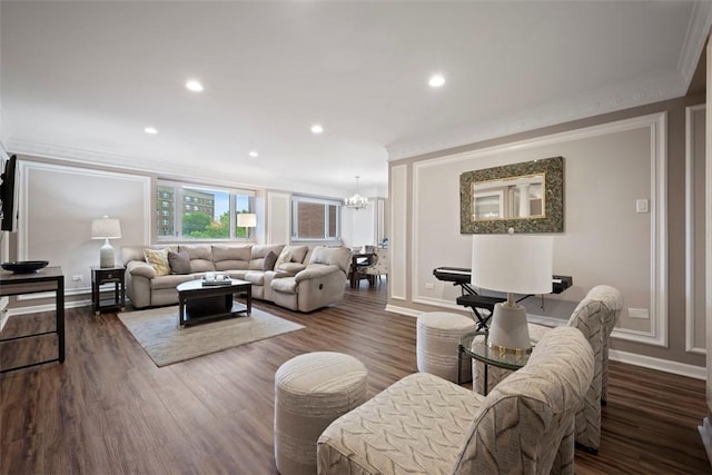 128 N Craig St Unit 415, Oakland, PA 15213 - living area with ornamental molding, a chandelier, baseboards, recessed lighting, and dark wood finished floors