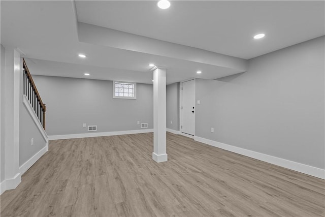 421 W College St, Canonsburg, PA 15317 - basement with recessed lighting, light wood-style flooring, baseboards, and stairs
