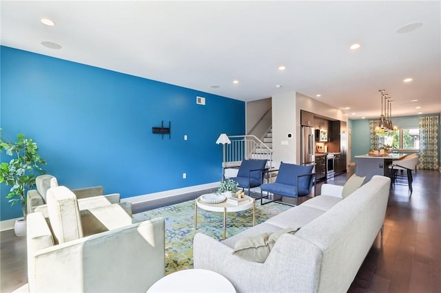4707 Hatfield St, Lawrenceville, PA 15201 - living room featuring stairway, recessed lighting, and dark wood-style flooring
