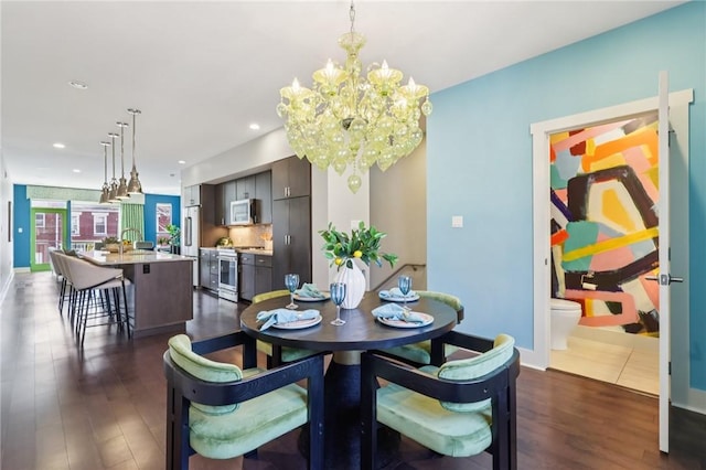 4707 Hatfield St, Lawrenceville, PA 15201 - dining space featuring a chandelier, dark wood-style flooring, and recessed lighting
