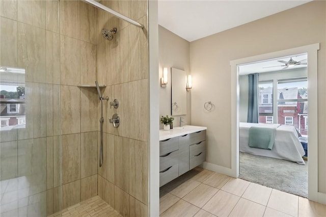 4707 Hatfield St, Lawrenceville, PA 15201 - full bath with vanity, tiled shower, tile patterned floors, and ceiling fan