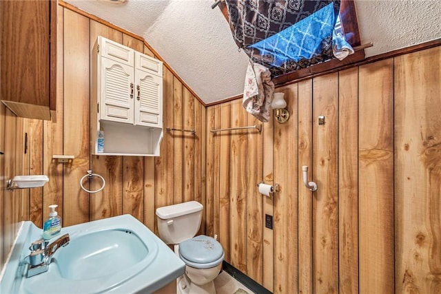 2554 Rte 259, Fairfield Twp, PA 15923 - half bath with a textured ceiling, a sink, wood walls, toilet, and lofted ceiling