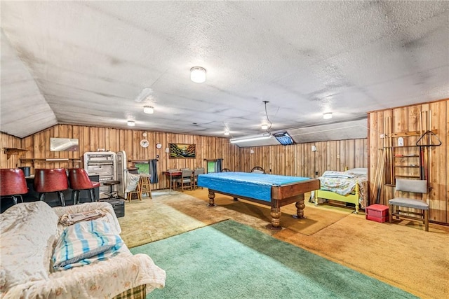 2554 Rte 259, Fairfield Twp, PA 15923 - game room with carpet floors, billiards, wood walls, lofted ceiling, and a textured ceiling