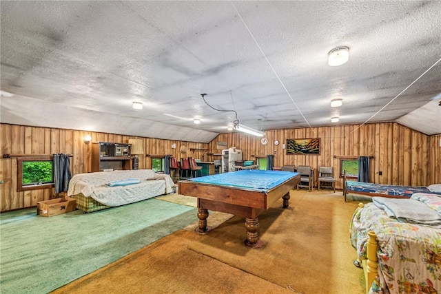 2554 Rte 259, Fairfield Twp, PA 15923 - rec room featuring light carpet, vaulted ceiling, wood walls, a textured ceiling, and pool table