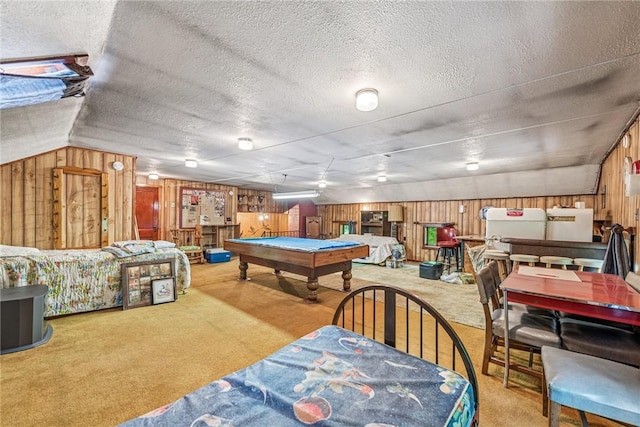 2554 Rte 259, Fairfield Twp, PA 15923 - rec room featuring pool table, carpet floors, a textured ceiling, and wooden walls